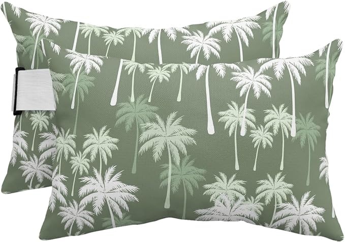 Tropical Palm Tree Outdoor Pillows for Chaise Lounge Chair Beach Headrest Pillow Set of 2 Waterproof Lumbar Pillows with Insert&Strap Olive Green Plants Coastal Leaf Beach Pool Pillow 12"x20"