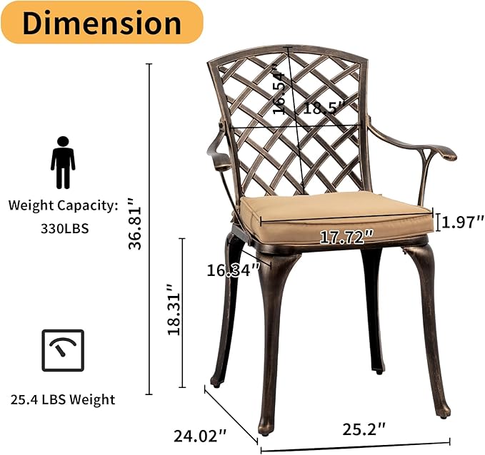 VINGLI 5-Piece Outdoor Patio Dining Set, Cast Aluminum All-Weather Outdoor Table and Chairs w/Cushion, Outdoor Furniture Set w/Umbrella Hole for Backyard Deck Poolside (Square, Grid Back)