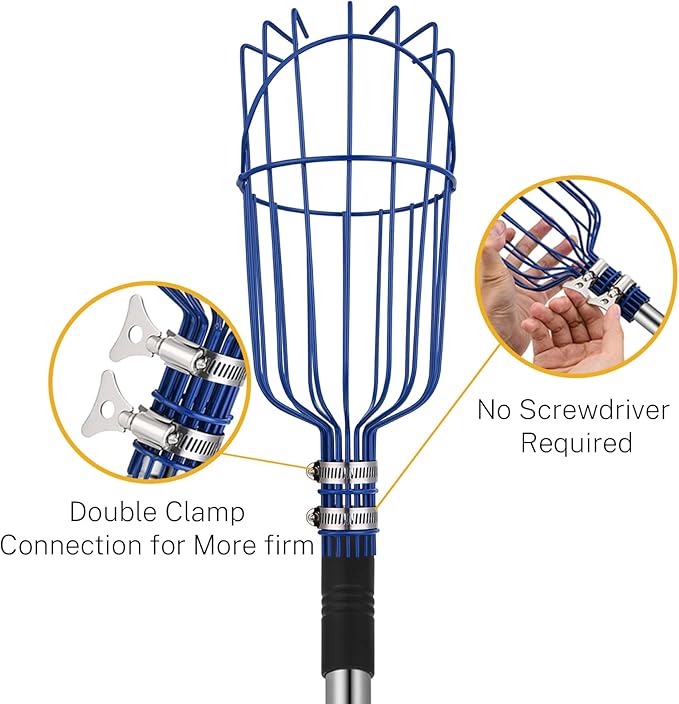 Oak Leaf Fruit Picker, 13 FT Picker Pole with Basket, Length Adjustable Apple Orange Picker Tool Tree Fruit Catcher with Lightweight Stainless Steel Connecting Pole, Foam Pad, 2 Metal Clamp(Upgraded)