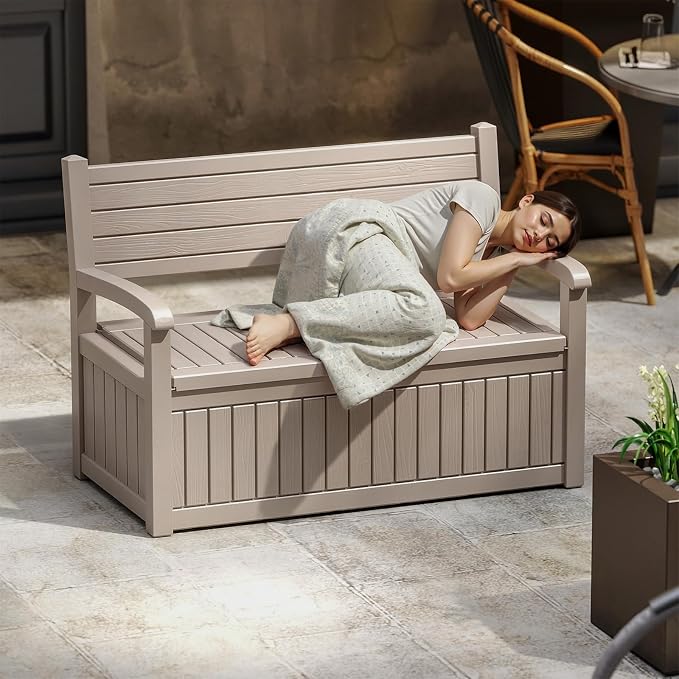 EasyUp 80 Gallon Outdoor Storage Bench, Waterproof Resin Deck Box with Lockable Lid Indoor Outdoor Storage Cushions Furniture Tools for Patio,Garden,and Porch (Gray)
