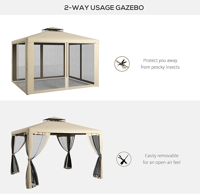 Outsunny 9.6' x 11.6' Patio Gazebo, Outdoor Canopy Shelter with 2-Tier Roof and Netting, Steel Frame for Garden, Lawn, Backyard, and Deck, Taupe