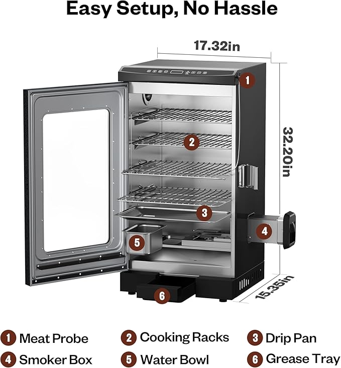 EAST OAK 30" Electric Smoker for Outdoors | Built-in Meat Probe Up to 6× Longer Smokes on a Single Load | Side Chip Loader for Smoking | Bigger Batches with 725 sq in Cooking Area, Mist Silver