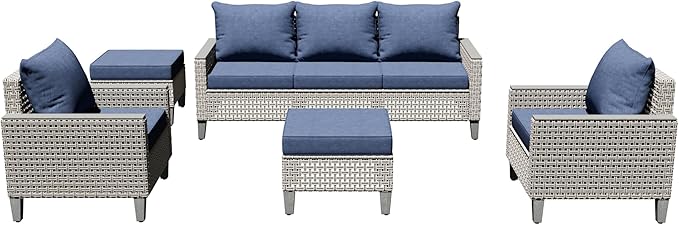 7 Pieces Patio Furniture Set with Ottomans, Modern Outdoor Sectional Sofa with Comfy Cushions, Modular Wicker Rattan Patio Conversation Set for Garden Poolside Deck, Navy