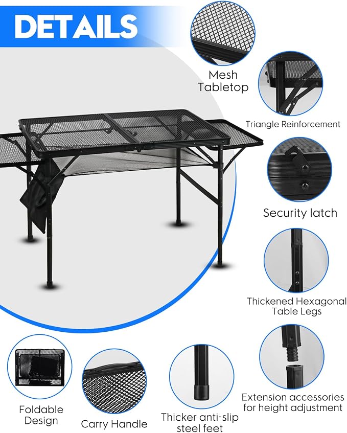 MSDADA Folding Grill Table, Height Adjustable Aluminum Table, Portable Outdoor Table for Camping, Picnic, Patio, Dining, BBQ, Party, Black (36 * 23.62 inch)