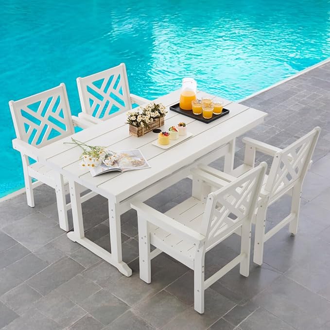 5 Piece HDPE Outdoor Dining Set for 4, Patio Dining Furniture Set with Umbrella Hole, Outdoor Table and Chairs for Garden, Poolside, Backyard, Deck