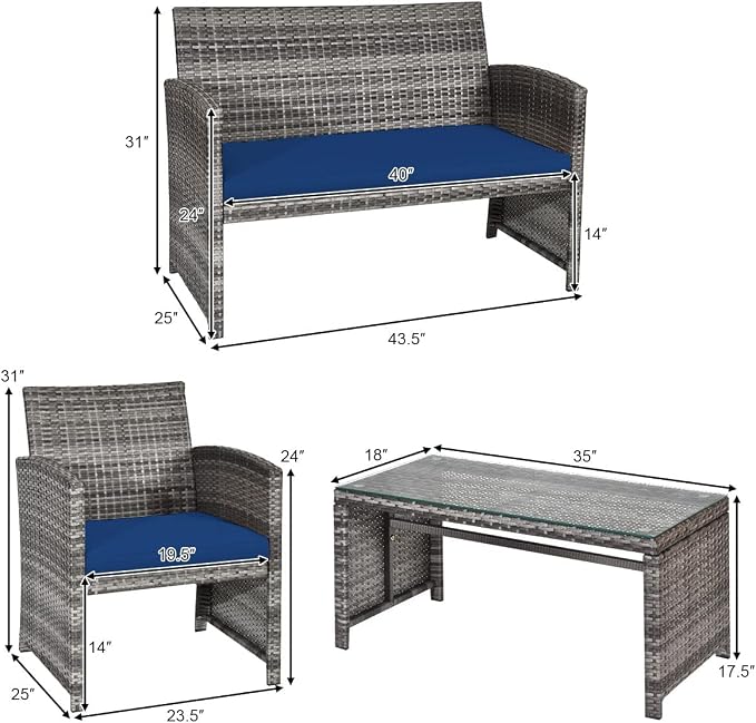 DORTALA 4 Piece Patio Furniture Set, Outdoor Wicker Conversation Set with Soft Cushions & Tempered Glass Coffee Table, Rattan Patio Sofa Bistro Sets for Courtyard Balcony, Navy