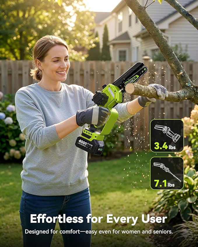 Electric Pole Saw, 6-Inch Cordless Mini Chainsaw with Extension Pole, Extendable to 16 ft, 2x4.0Ah Batteries, Tool-Free Chain Tensiong, Electric Pole Chainsaw for Tree Trimming & Thick Branch Cutting