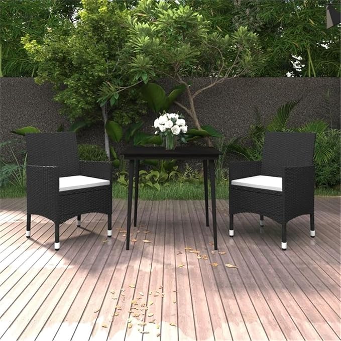 Afuera Living Contemporary PE Rattan Patio Dining Set, Black Powder-Coated Finish, Weather-Resistant Outdoor Furniture with Cushioned Seats, Table and 2 Chairs, Ideal for Garden or Terrace