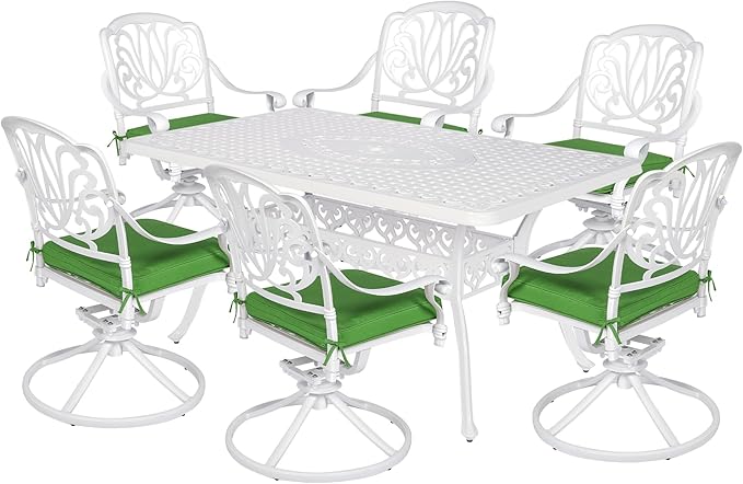 VIVIJASON 7-Piece Outdoor Furniture Dining Set, All-Weather Cast Aluminum Conversation Set Includes 6 Swivel Dining Chairs and a Rectangle Table with Umbrella Hole for Patio Garden Deck, White