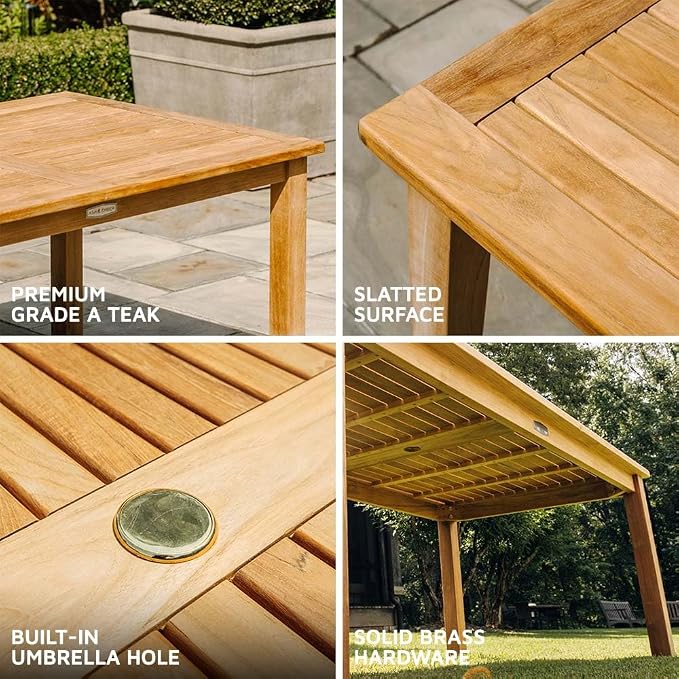 TITAN GREAT OUTDOORS Ash & Ember Sandhill Grade A Teak Dining Table, 59" Outdoor Patio Wood Table, Premium Joinery, Hand-Sanded Craftsmanship, Solid Brass Hardware, Fits Standard Patio Umbrellas
