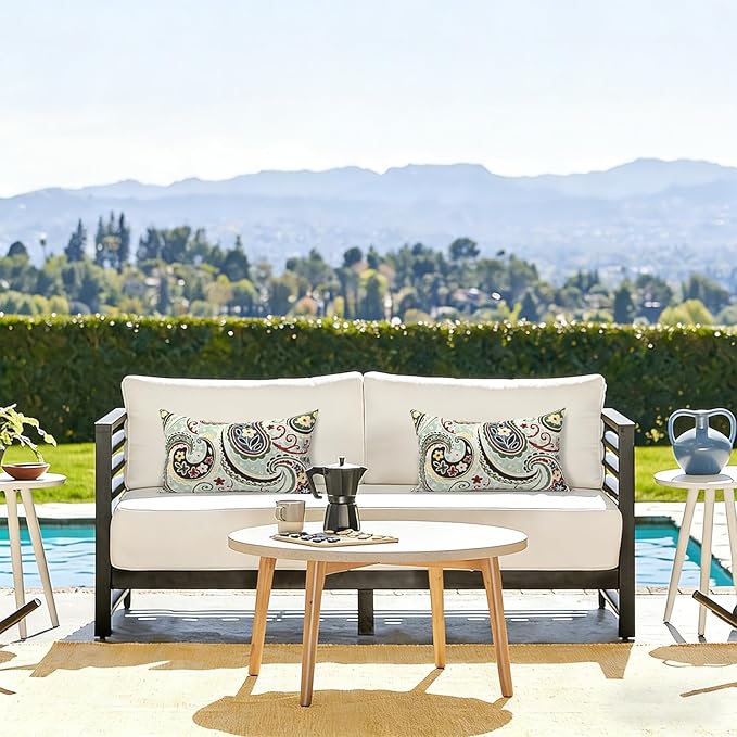 LVTLVTXIII 12×20 Inch Outdoor Lumbar Pillows, Pack of 2 Water Repellent Lumbar Pillow with Inserts, Fluffy Decorative Garden Lumbar Cushions for Home Patio Coach Sofa Use, Paisley Lightcyan