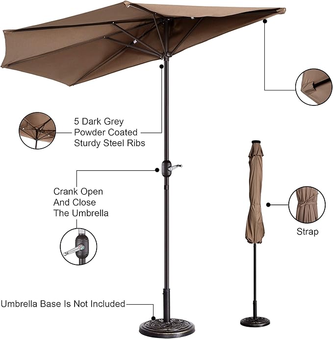 Half Patio Umbrella - 9ft Outdoor Patio Canopy with Easy Hand Crank - Condo, Townhouse, or Balcony Furniture by Villacera (Brown)