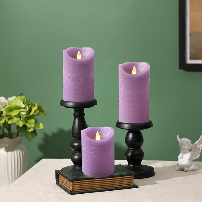 Real Wax Flameless Candles Set of 3 (D 3" x H 4" 5" 6") Battery Operated LED Candle with Timer Home Decorative Pillar Flickering Lights,Wedding Party Events Decor,Purple