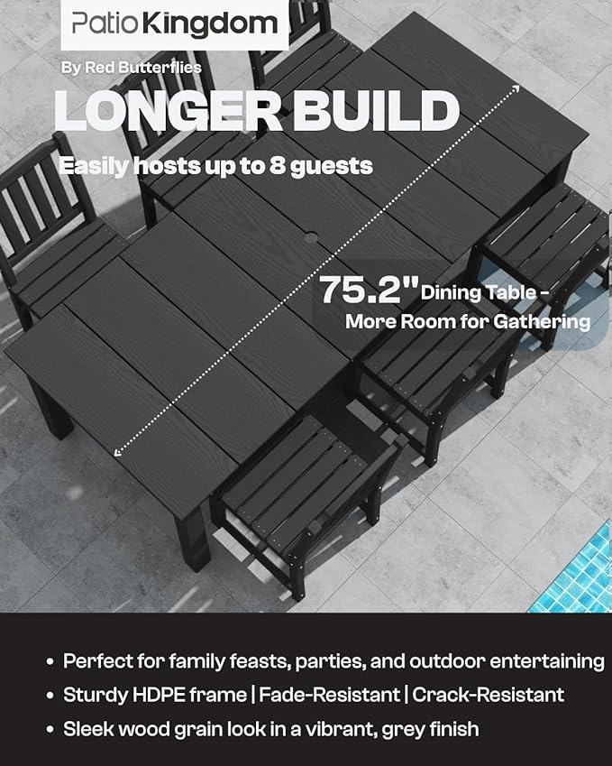 9-Piece Outdoor Dining Set for 8, 75.2'' HDPE Table with Umbrella Hole & Chairs, Weather-Resistant Patio Furniture for Lawn, Yard, Balcony, Deck (Black)