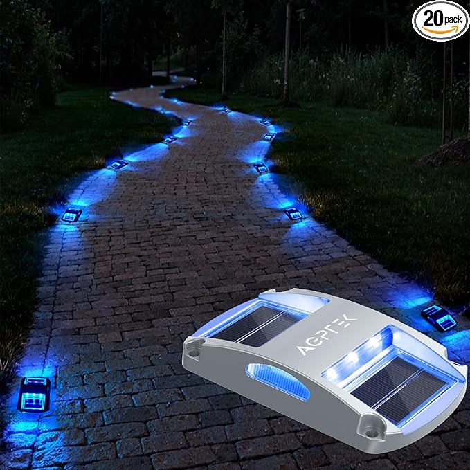 AGPTEK Solar Driveway Lights 20 Pack, Outdoor Deck Dock Marine LED Solar Powered Waterproof Driveway Marker Lights for Warning Step, Sidewalk, Pathway, Garden, Yard (Blue Light)