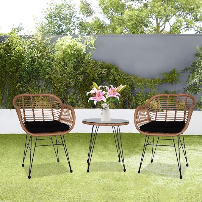 Patio Furniture Set, 3-Piece Outside Bistro Set Rattan Wicker Chairs, Tempered Glass Table, Outdoor Conversation Set,Outside Patio Conversation Sets