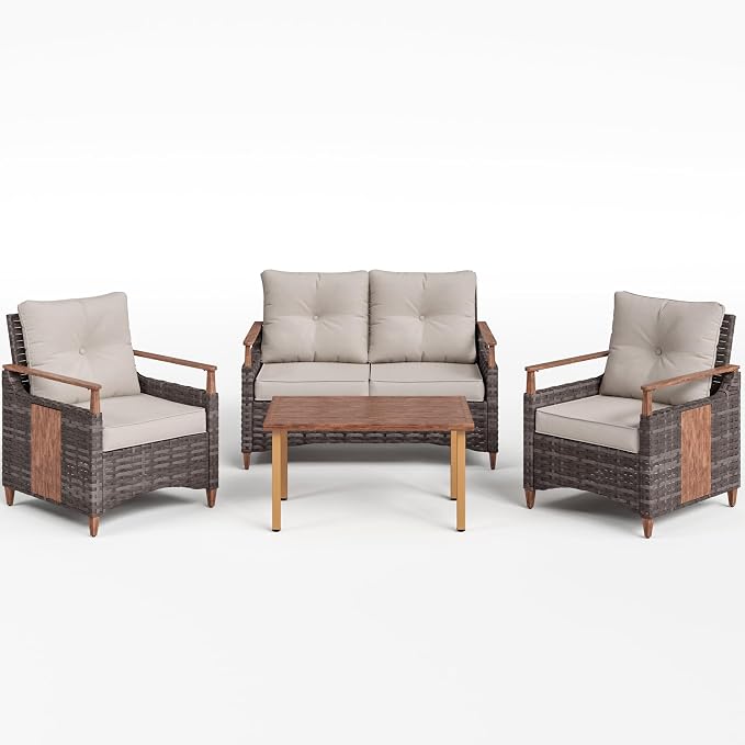 Nestnook 4 Pieces Patio Furniture Set, Outdoor Conversation Set with All-Weather Handwoven PE Wicker Sofa, Rattan Chairs and Thick Cushion, Loveseat & Coffee Table for Backyard, Deck & Poolside, Beige