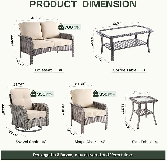 7-Piece Patio Furniture Set, Outdoor Wicker Furniture with Coffee Table, High Back Swivel Rocker Patio Chairs, Modern Rattan Outdoor Chairs Conversation Set for Porch, Balcony, Garden, Beige