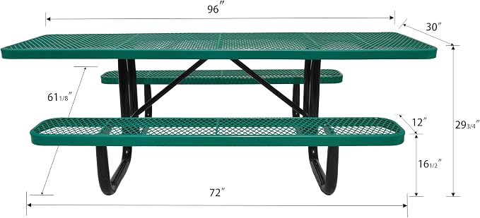 Heavy Duty ADA Outdoor Picnic Table, Expanded Metal, Wheelchair Accessible (Green, 96)