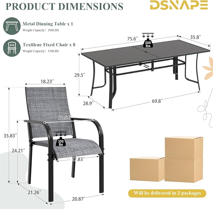 9 Pieces Patio Table and Chairs Set, 75.6" Metal Dining Table with Umbrella Hole & 8 Textilene Fixed Chairs, Dining Table Set for 8, Outdoor Furniture for Porch Deck Backyard Balcony, Grey