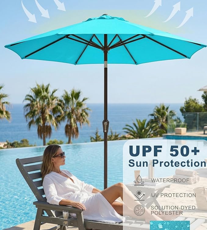 PatioKingdom Auto-Tilt 9FT Patio Umbrella Outdoor with 8 Sturdy Fiberglass Ribs,Market Table Umbrella for Pool,Backyard,Deck and Garden