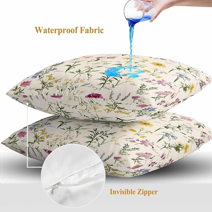 Throw Pillow Covers 26x26 Inch Set of 2, Botanical Garden Florals Waterproof Outdoor Pillow Covers, Spring Watercolor Wildflowers Decorative Cushion Pillowcases for Couch, Sofa, Bed, Garden, Patio