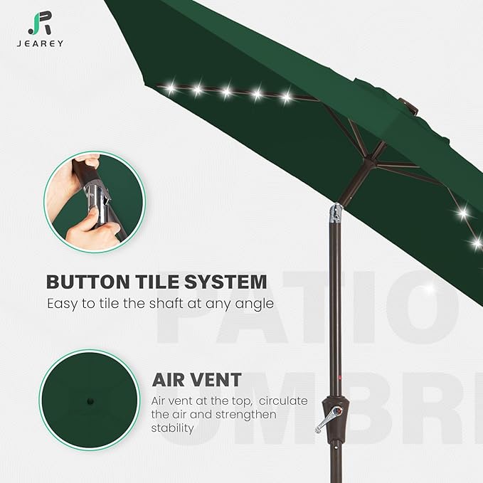 JEAREY 6.5x10 ft Rectangular LED Lighted Patio Umbrellas Outdoor Solar Table Market Umbrella w/Push Button Tilt/Crank, 6 Sturdy Ribs, UV Protection Waterproof Sunproof(Dark Green)