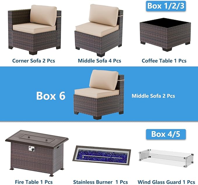 Outdoor Patio Furniture Set with Fire Pit Table, 10 Pieces Outdoor Furniture Set Patio Sectional Sofa w/43in Propane Fire Pit, PE Wicker Rattan Patio Conversation Sets - Brown
