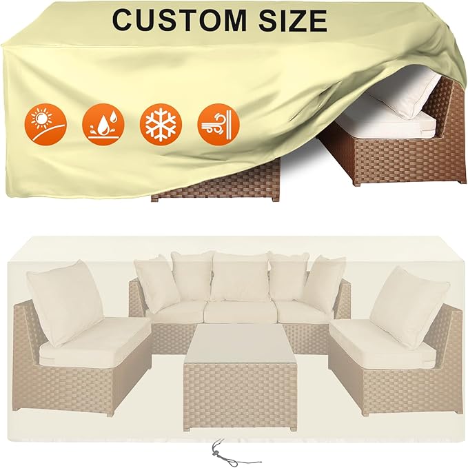Patio Furniture Cover Rectangle 80"(L) x 44"(W) x 30"(H), Custom Heavy Duty 420D Waterproof Outdoor Cover with Drawstring & Buckles for Table Chair Garden, Cream