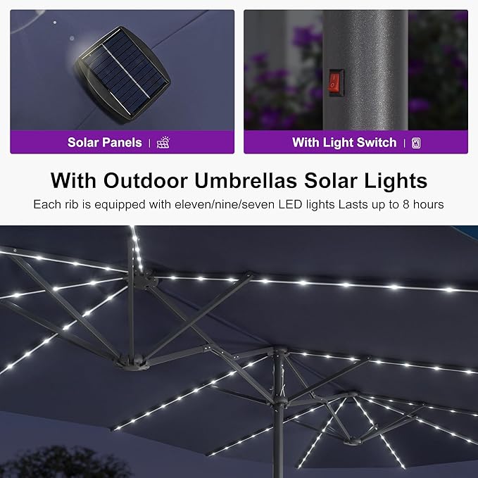 PURPLE LEAF 14ft Patio Umbrella with Solar Lights Outdoor Double-Sided Market Umbrella with Base Included Rectangle Table Umbrella for Pool Garden Backyard, Navy blue