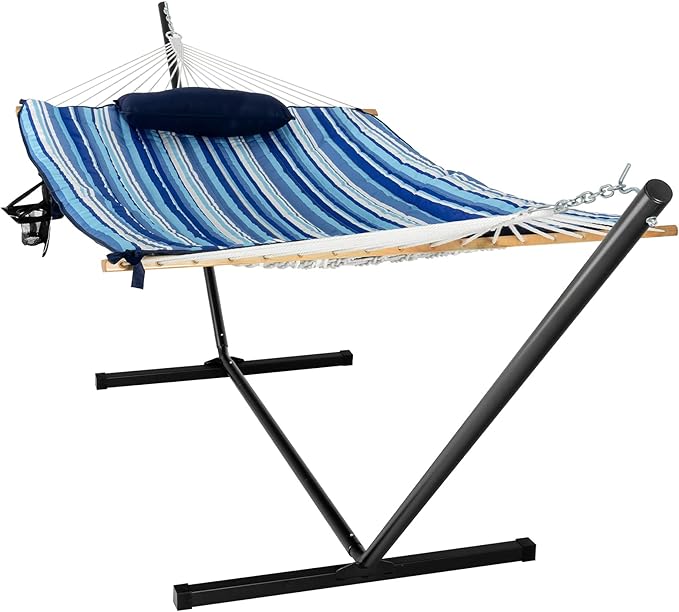 Giantex 12Ft Hammock with Stand, 2 Person Heavy-Duty Steel Hammock Stand, 450 lbs Capacity, Double Hammock Bed with Cotton Mat, Pillow, Cup Holder and Bag (Blue and Beige Striped)