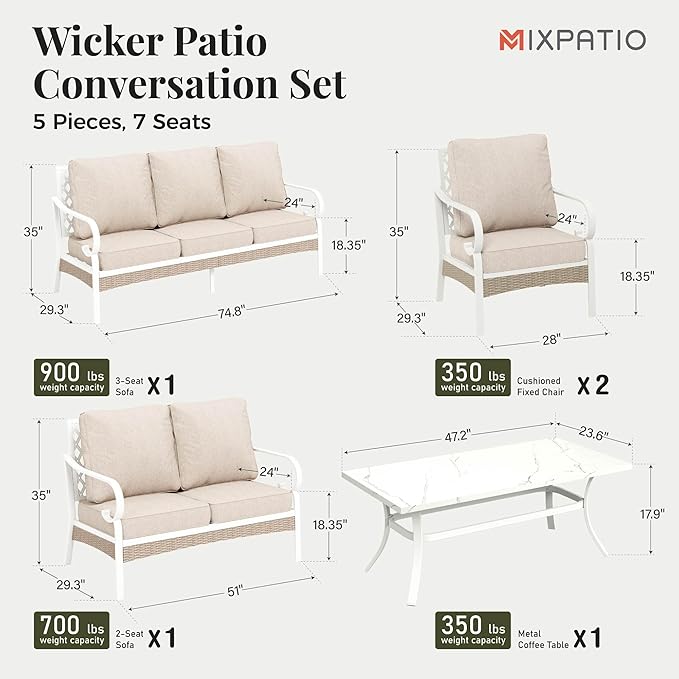 5 Piece Patio Furniture Set, 2 x Fixed Chair, 1 x 2-Seat Sofa, 1 x 3-Seat Sofa with Marbling Coffee Table, All Cushioned 7 Seats Outdoor Conversation Set for Lawn Garden Backyard, Beige