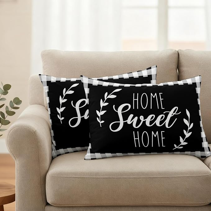 Home Sweet Home Waterproof Outdoor Pillow Covers Set of 2 Home Decor, Leaves Black Buffalo Plaid Lumbar Pillowcase Patio Pillow Covers for Couch Bench Patio Furniture Garden 20x12in