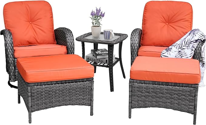 Patio Furniture Conversation Set with Ottomans, 5 Piece Wicker Patio Swivel Rocking Chairs with 360° Swivel Glider and Glass Coffee Table for Porch, Deck, Garden,Red
