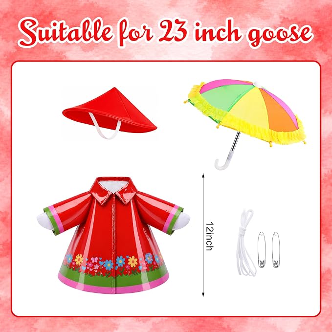DECOHS 3 Pcs/Set Raincoat Porch Goose Outfits, Summer Lawn Goose Statue Costume with Rainbow Umbrella and Hat, Yard Geese Clothes for 23" Statue Patio Garden Decoration (Red Flower)