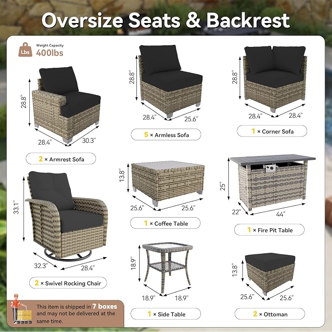 LET'S PATIO Luxury Patio Furniture Set with Fire Pit Table, 15 Piece Outdoor Furniture Set with Swivel Rocker Chairs & Ottomans, All-Weather Patio Sectional Sofas with Thickened Cushions, Black