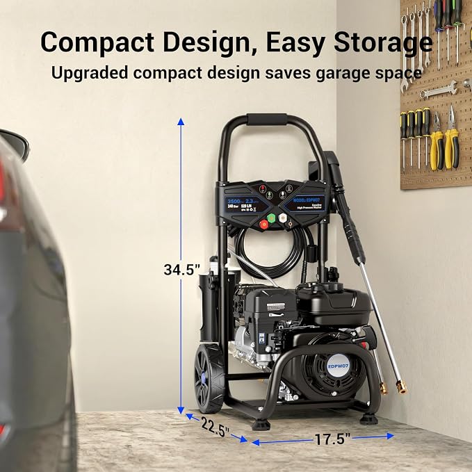 3500 PSI Gas Pressure Washer, 2.3GPM Gas Powered Power Washer with 209cc OHV Engine, Soap Tank, 25FT Pressure Washer Hose,Pressure Gun & 4 Nozzles for Cars/Driveways/Homes/Patios