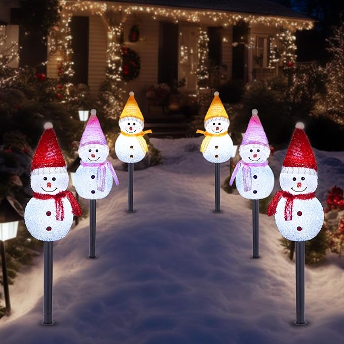Solar Christmas Pathway Lights Outdoor Decorations, Set of 3 LED Snowman Stake Lights, Waterproof Walkway Landscape Light for Yard, Garden, Winter Decor (Red/Pink/Yellow Snowman, 3-Pack)