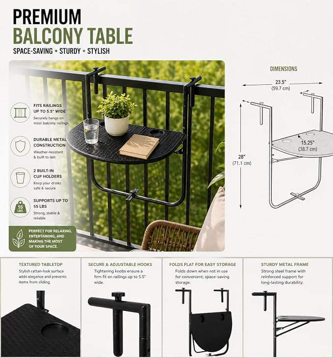 Gardenised, Indoor and Outdoor Rattan Decorative Foldable Balcony Hanging Table, Railing Bar Serving Table, Adjustable Hight 3-Level, Balcony and Garden Deck, Rust Proof (Black)