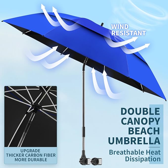 2 Pack 48.6" Double Canopy Beach Umbrella with Clamp, UPF50+ Beach Chair Umbrella with clip, 360°Adjustable Portable Outdoor Wheelchair, Patio, Golf Carts,Camping(Not Include Chair)