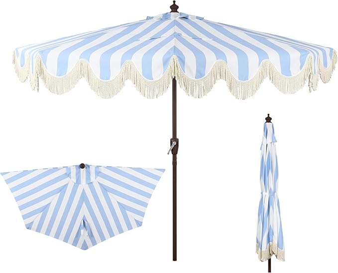 JONATHAN Y Beverly 9 ft. Coastal Light Blue and White Striped Half Patio Umbrella with Scalloped Fringe, Crank Lift, and Manual Tilt for Balcony, Dark Brown Pole UMB1201C