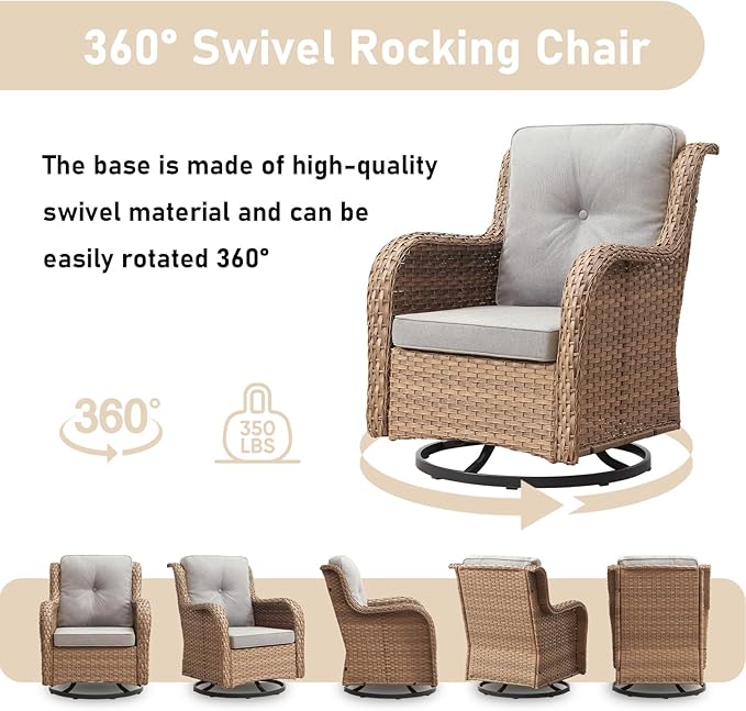 Outdoor Swivel Chairs-Patio Swivel Glider Chairs with Ottomans Outdoor Conversation Set for Deck Balcony Poolside Backyard-Yellow/Beige