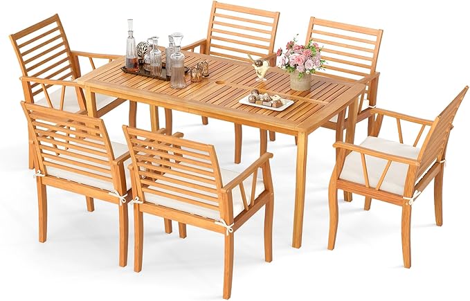 Tangkula 7 Pieces Acacia Wood Patio Dining Set, Outdoor Table and Cushioned Chairs Set with 1.97” Umbrella Hole, Outside Dining Furniture Set for Deck, Garden and Backyard