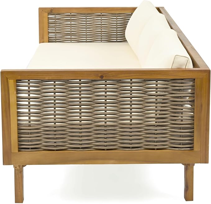 Christopher Knight Home Charm Patio Conversation Set, 3 Seater Acacia Wood Sofa, Spacious Seating Wicker Armrest Chair, Wood Coffee Table, Round Side Table, Outdoor Furniture for Backyard, Beige