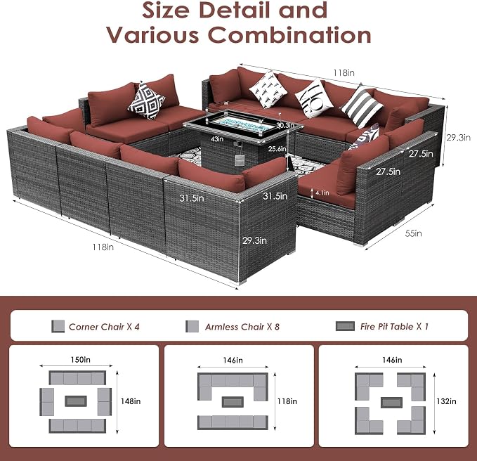 BULEXYARD 13 Piece High Back Outdoor Furniture Sets with Fire Pit, Luxury Patio Sectional Couch Sofa 12-Seater Modular, Comfortable Extra Large Wide Deep Backyard Seating Conversation Set, Grey & Red