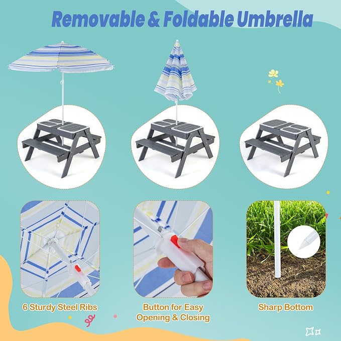 KOTEK Kids Picnic Table, 4 in 1 Sand and Water Table w/Detachable Tabletop, 3 Removable Play Boxes, Foldable & Height Adjustable Umbrella, Wood Sensory Table and Bench for Outdoors, Indoors (Grey)