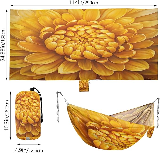 Chrysanthemum Flower Camping Hammock, Portable Lightweight Single Hammock with Tree Straps and Aluminum Carabiners, 114" x 54" Travel Hammock for Hiking Backpacking Beach