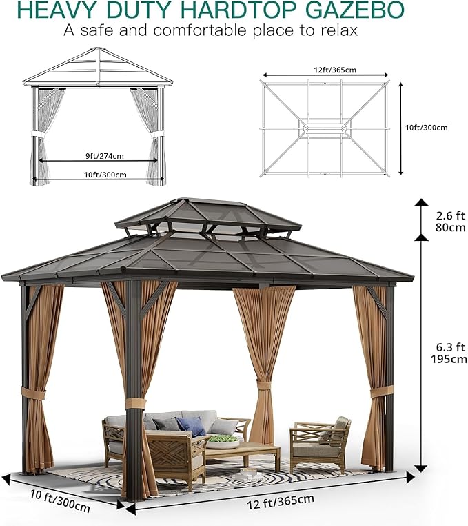 GAOMON 10'x12' Hardtop Gazebo, Outdoor Polycarbonate Double Roof Canopy, Aluminum Frame Permanent Pavilion with Curtains and Netting, Sunshade for Garden, Patio, Lawns