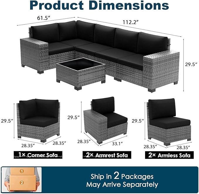 Patio Furniture Set, 6 Pieces Outdoor Sectional Sofa Conversation Sets Modern Wicker Seating Set, 4'' Thickened Cushions 1 Glass Coffee Table for Backyard Poolside, Black