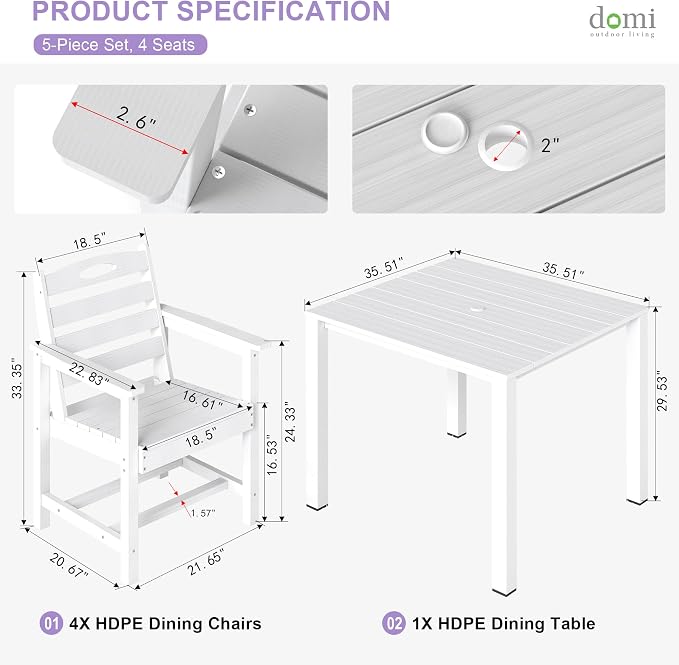 Domi HDPE Outdoor Dining Set, All-Weather Outdoor Dining Table Set of 5 with 2" Umbrella Hole, Outdoor Patio Dining Set for Garden, Poolside, Backyard, Deck, White